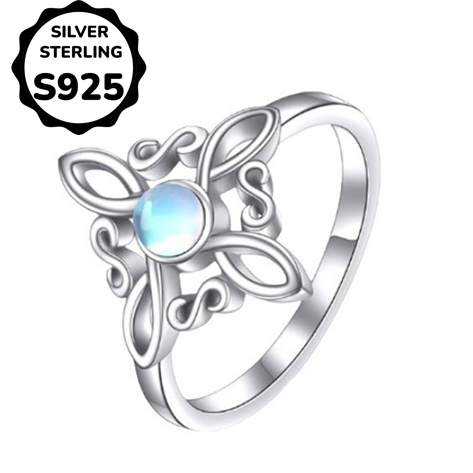 S925 Silvery Celtic Knot Ring with Synthetic Moonstone